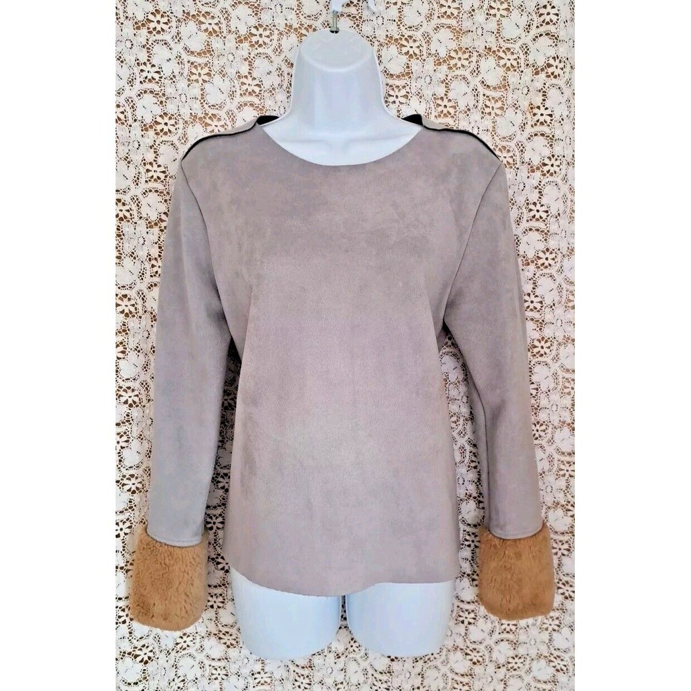 Zara‎ Faux Suede Top Size M Gray Long Sleeve Brown Fur Cuff Pennylane Style